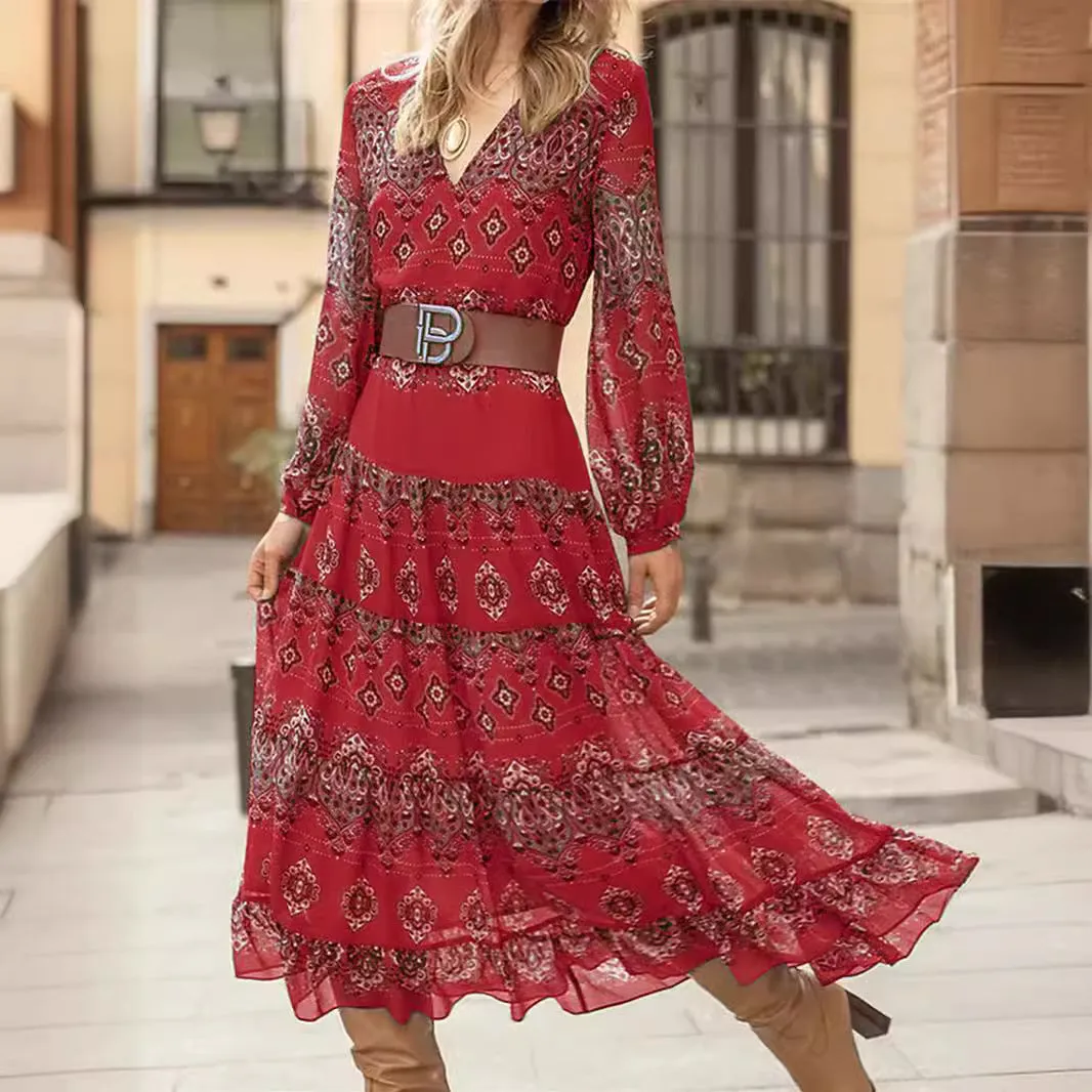 Ethnic Style Pattern Printing Large Swing Dress