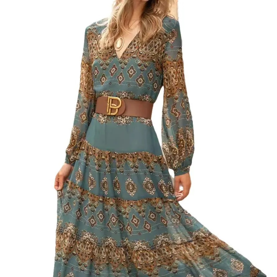 Ethnic Style Pattern Printing Large Swing Dress