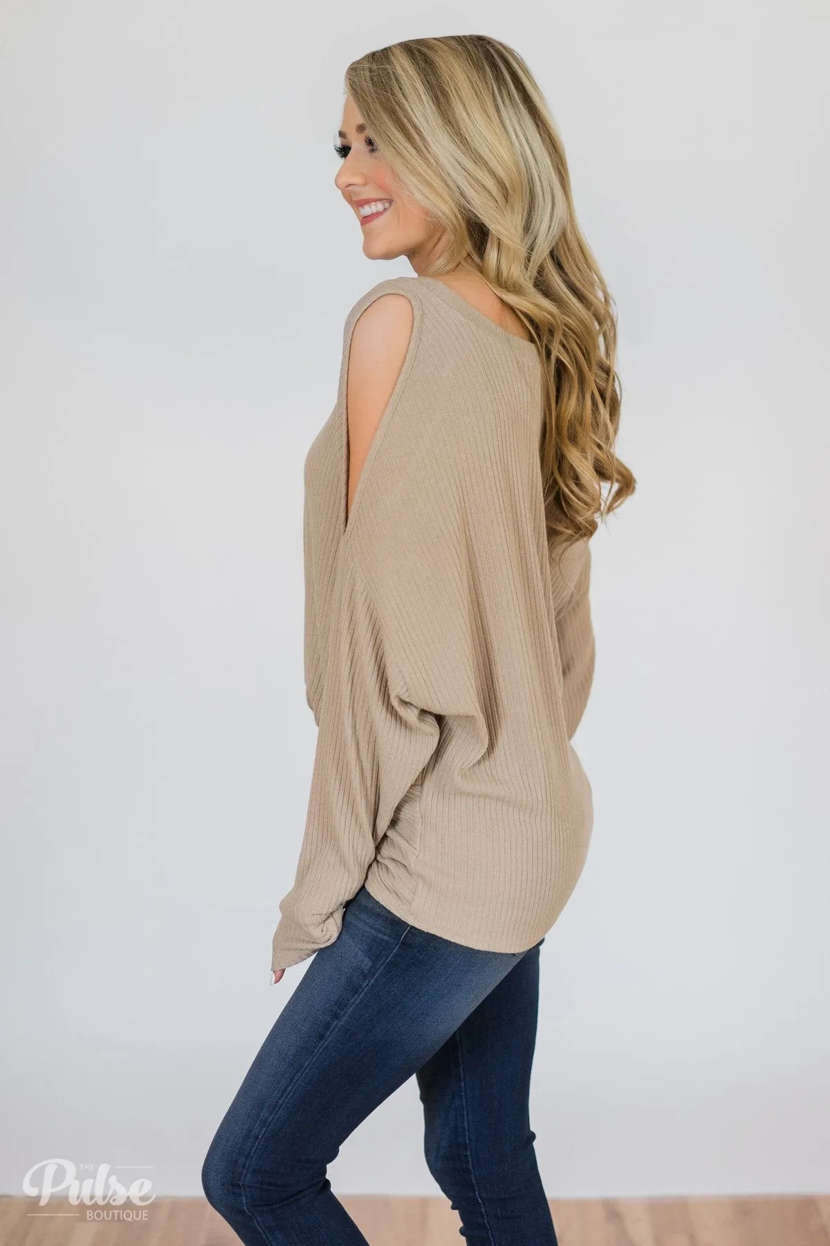 Flattering Twist Cold Shoulder Top- Taupe