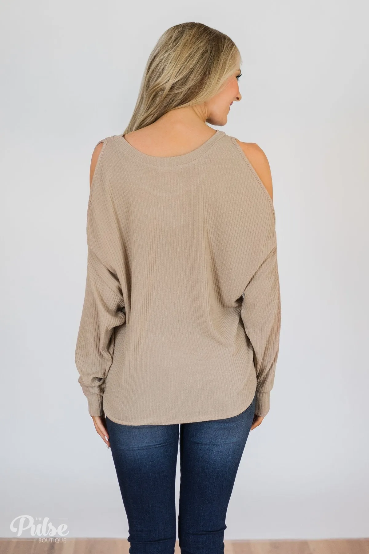 Flattering Twist Cold Shoulder Top- Taupe