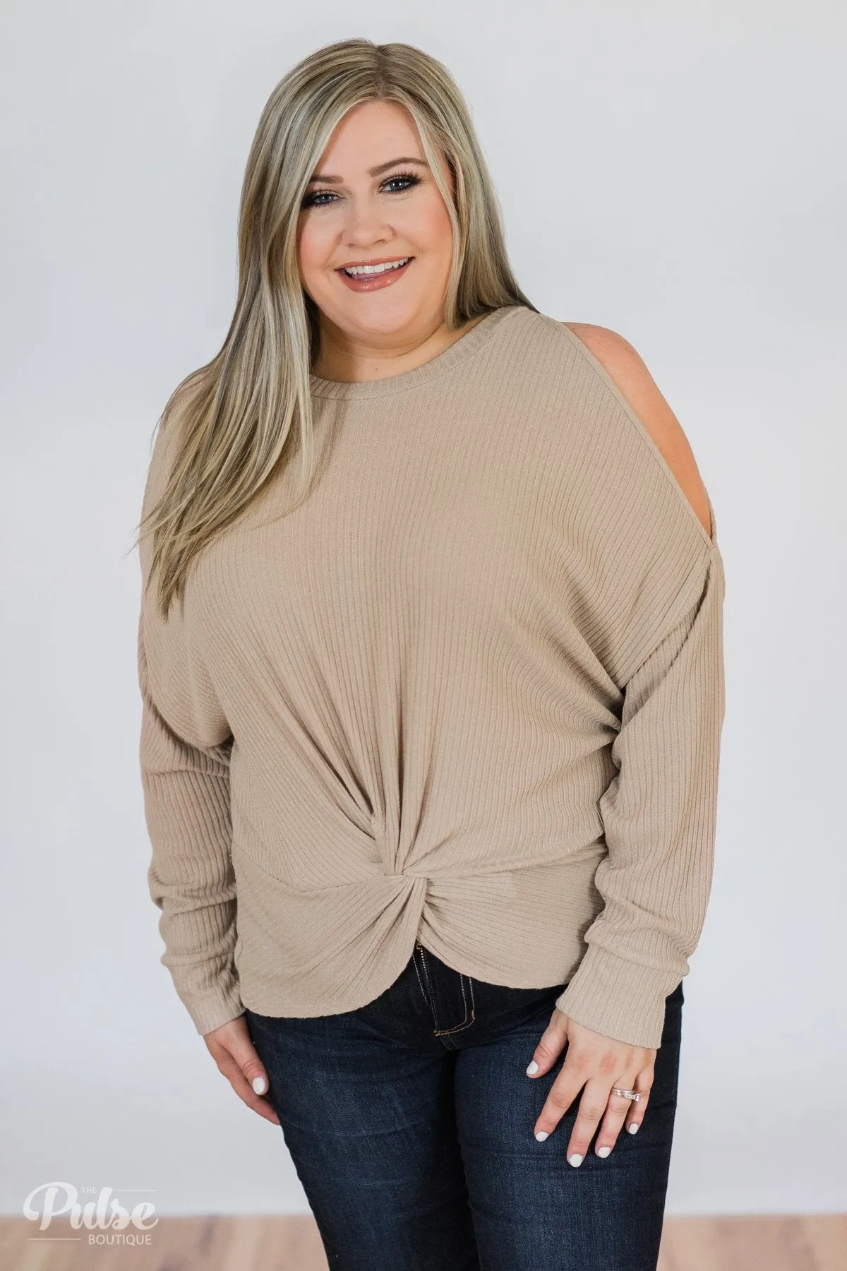 Flattering Twist Cold Shoulder Top- Taupe