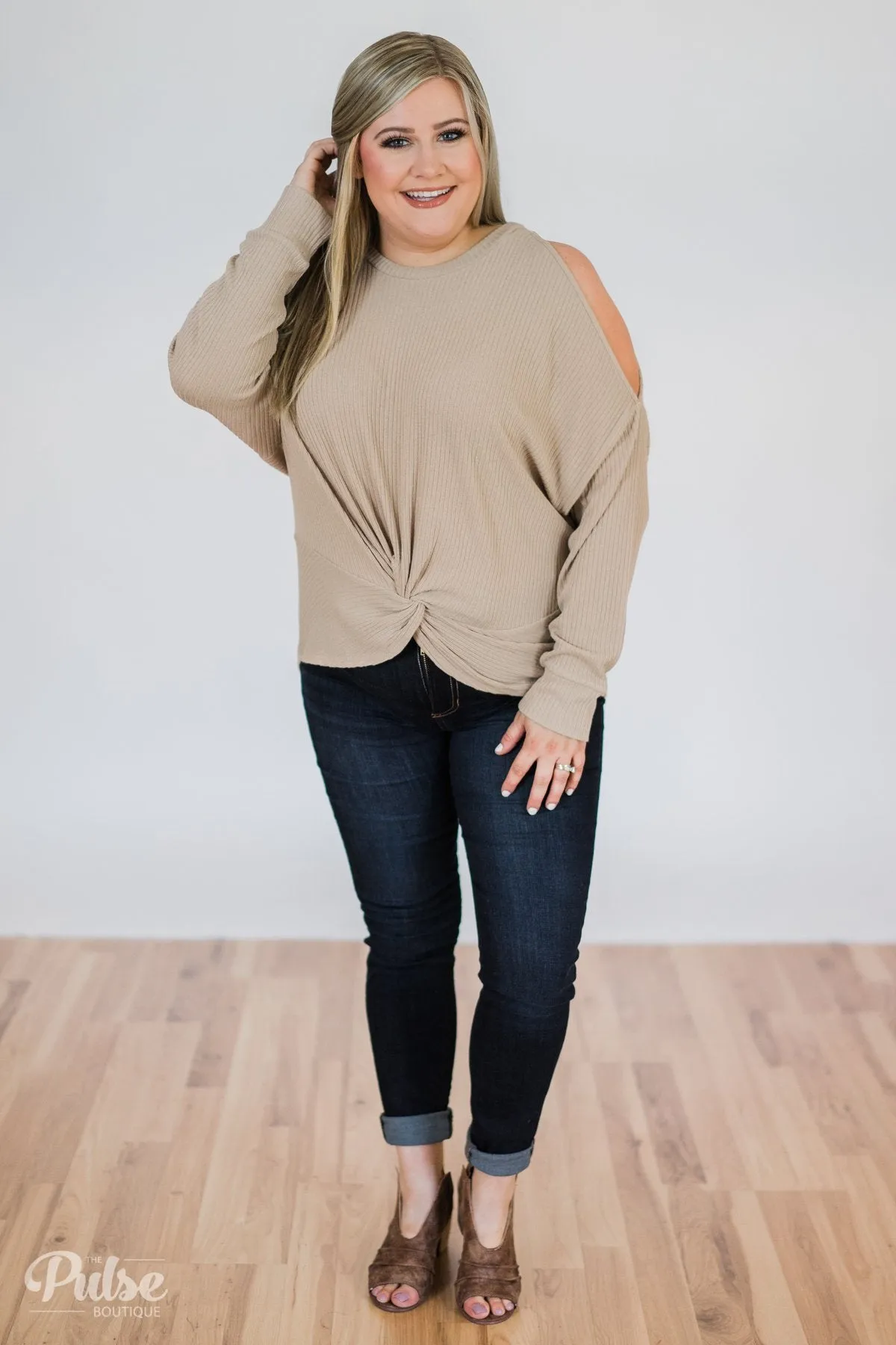 Flattering Twist Cold Shoulder Top- Taupe