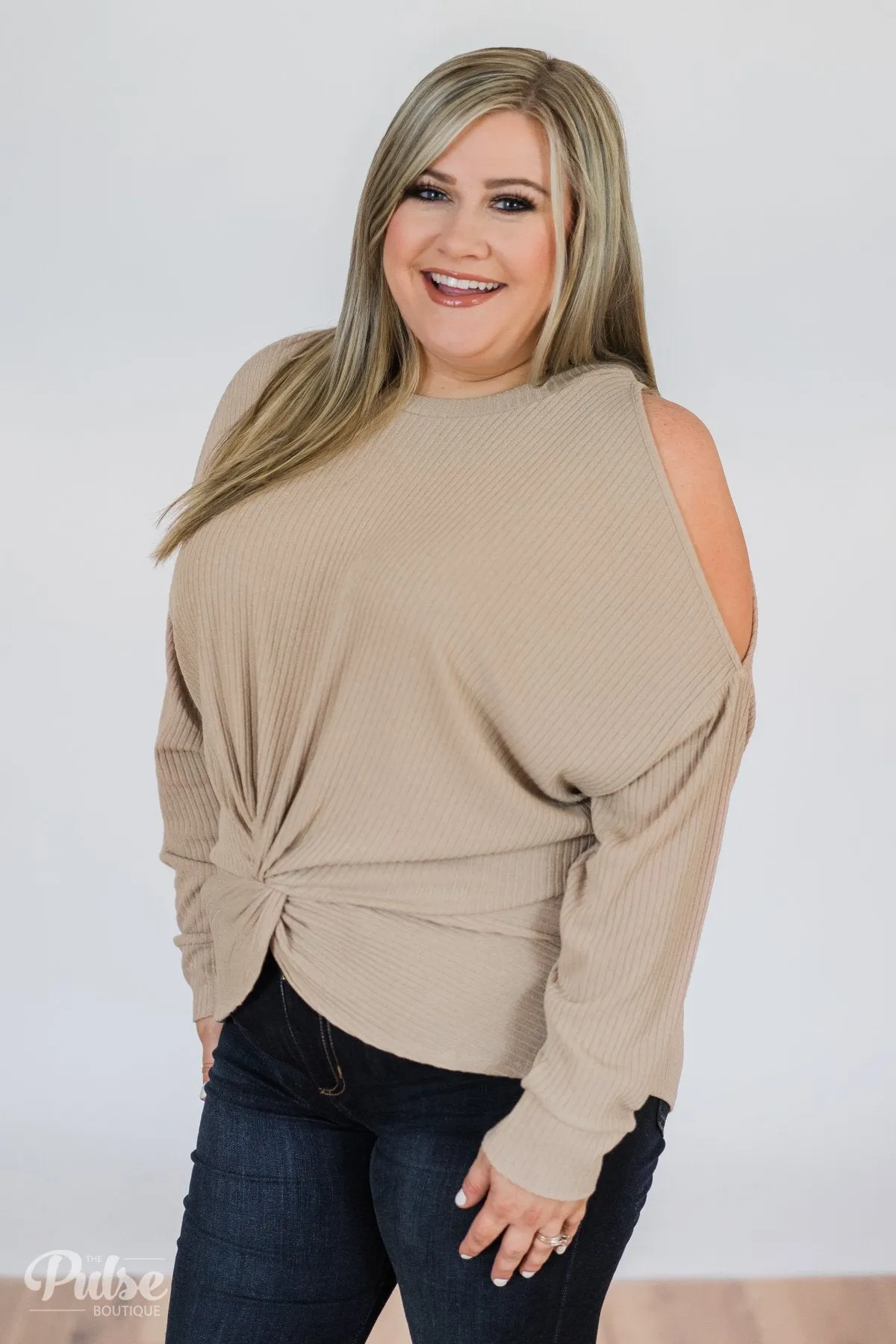 Flattering Twist Cold Shoulder Top- Taupe