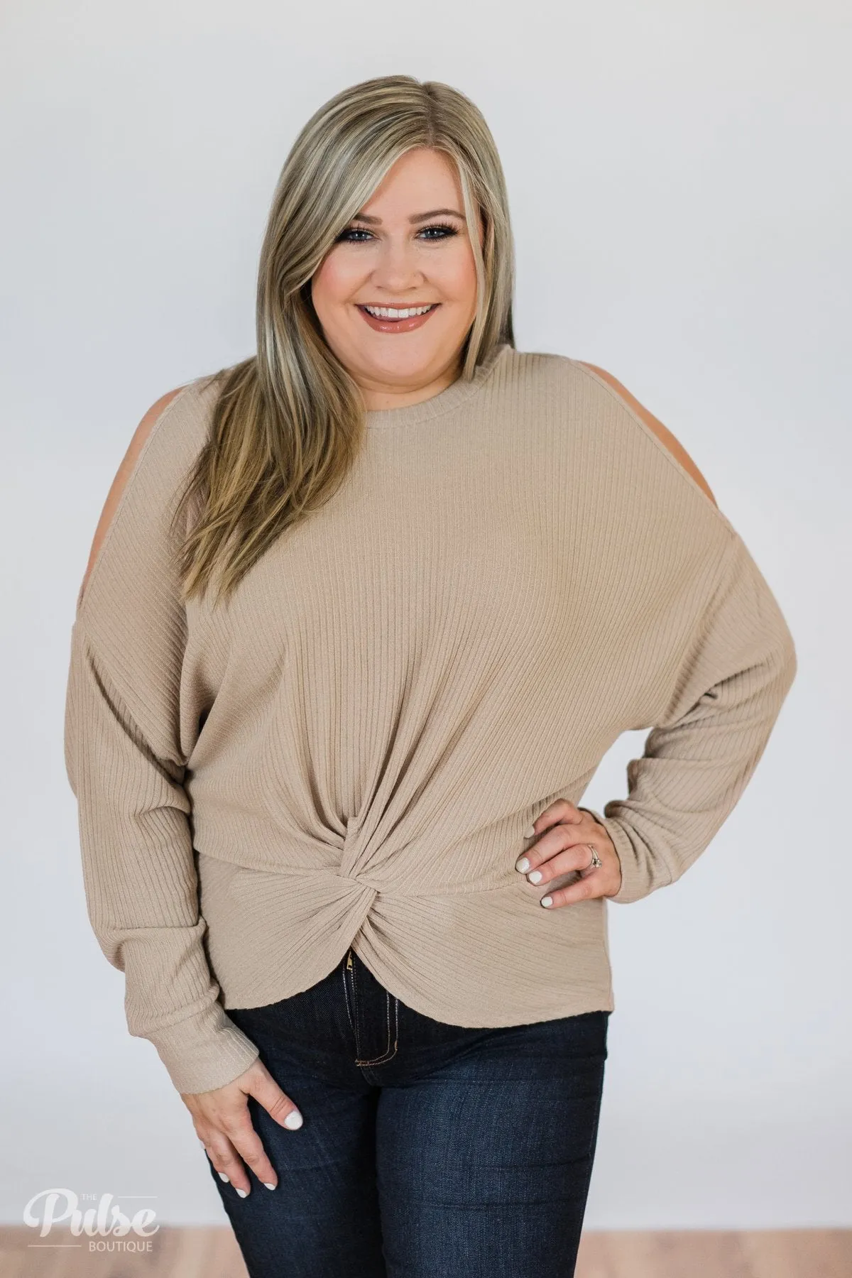 Flattering Twist Cold Shoulder Top- Taupe