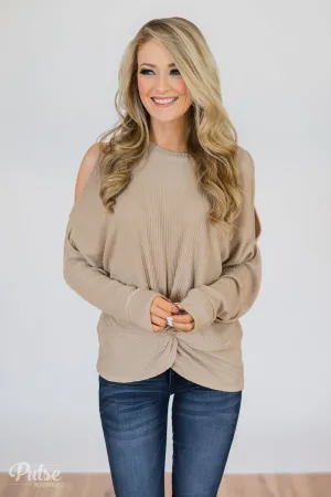 Flattering Twist Cold Shoulder Top- Taupe