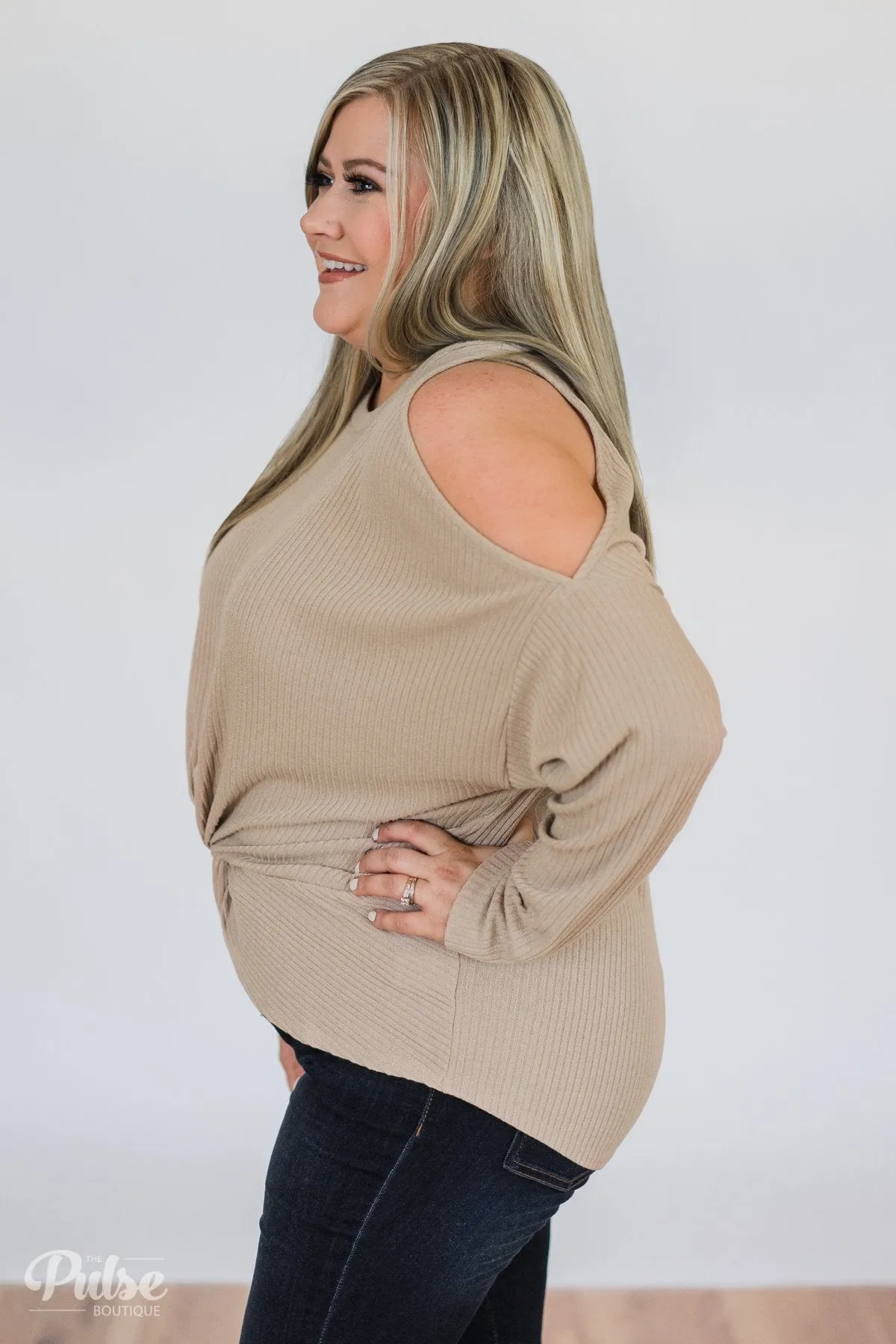 Flattering Twist Cold Shoulder Top- Taupe