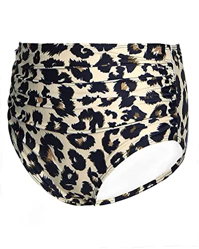 Flattering Women High Waisted Bikini Bottom Retro Ruched Swim Short-Leopard