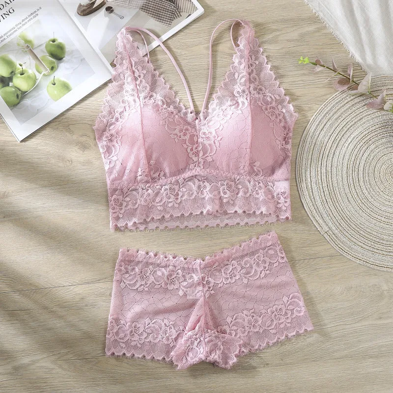 French Europe Thin Lace Bra Flattering No Metal Wire Cross Strap Bralette Women Sets