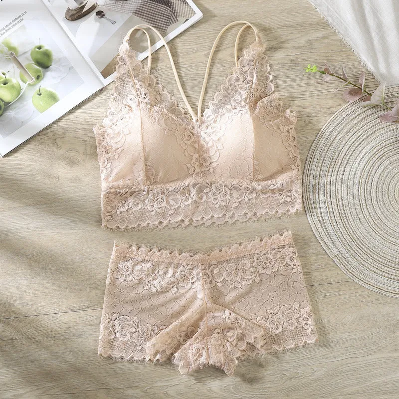 French Europe Thin Lace Bra Flattering No Metal Wire Cross Strap Bralette Women Sets