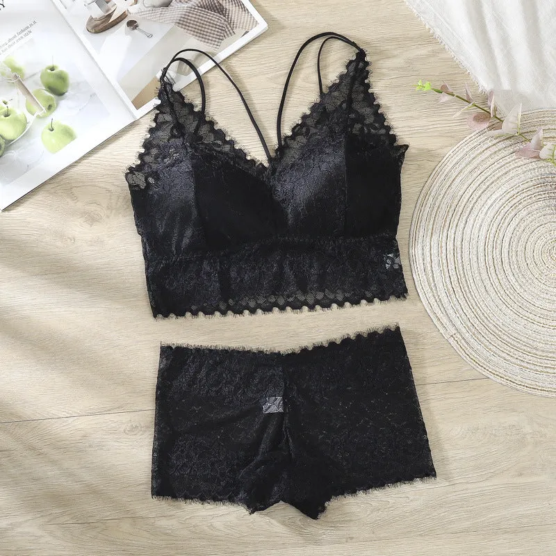French Europe Thin Lace Bra Flattering No Metal Wire Cross Strap Bralette Women Sets