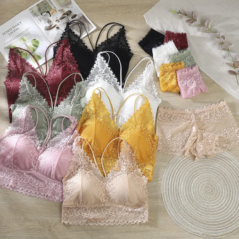 French Europe Thin Lace Bra Flattering No Metal Wire Cross Strap Bralette Women Sets