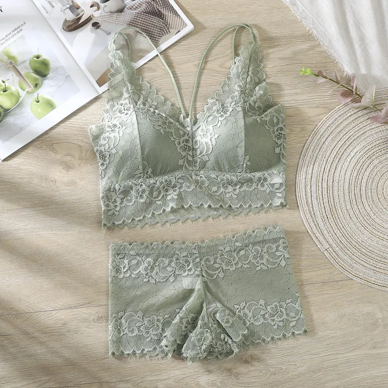French Europe Thin Lace Bra Flattering No Metal Wire Cross Strap Bralette Women Sets