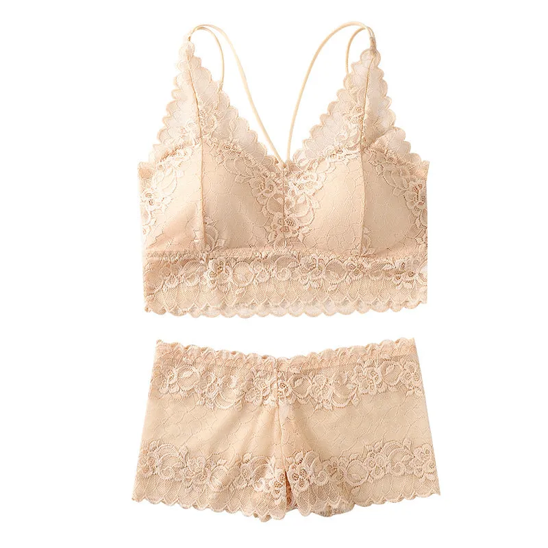 French Europe Thin Lace Bra Flattering No Metal Wire Cross Strap Bralette Women Sets