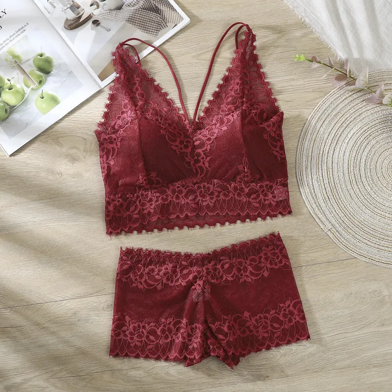 French Europe Thin Lace Bra Flattering No Metal Wire Cross Strap Bralette Women Sets