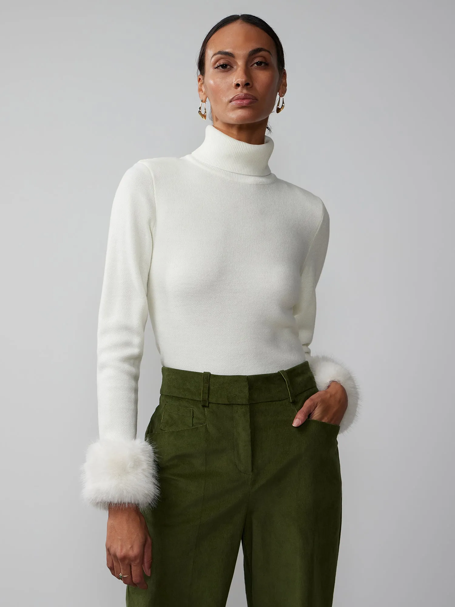 Fur Cuff Turtleneck Sweater