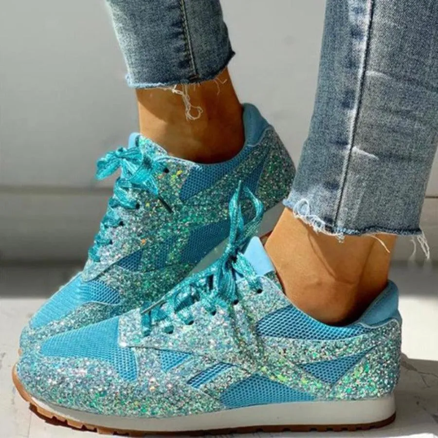 Glitter Mesh Lace Up Platform Comfort Vulcanized Sneakers