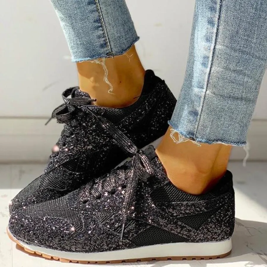 Glitter Mesh Lace Up Platform Comfort Vulcanized Sneakers