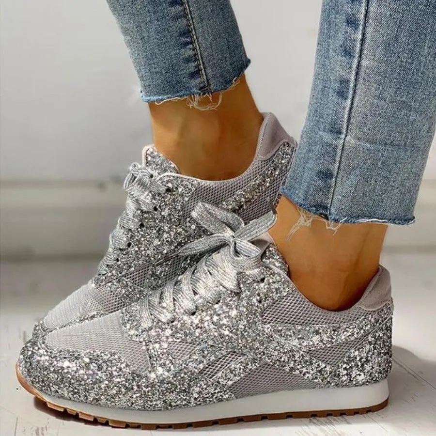 Glitter Mesh Lace Up Platform Comfort Vulcanized Sneakers