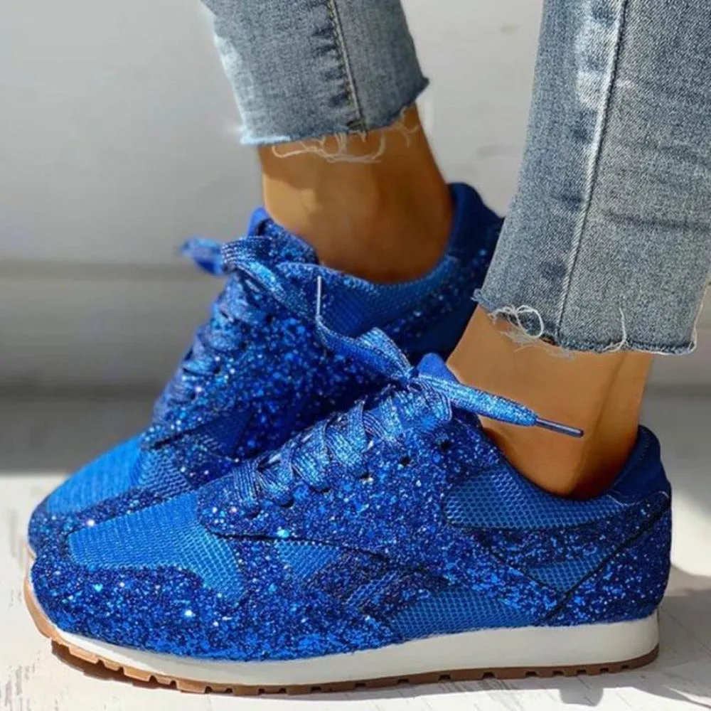 Glitter Mesh Lace Up Platform Comfort Vulcanized Sneakers