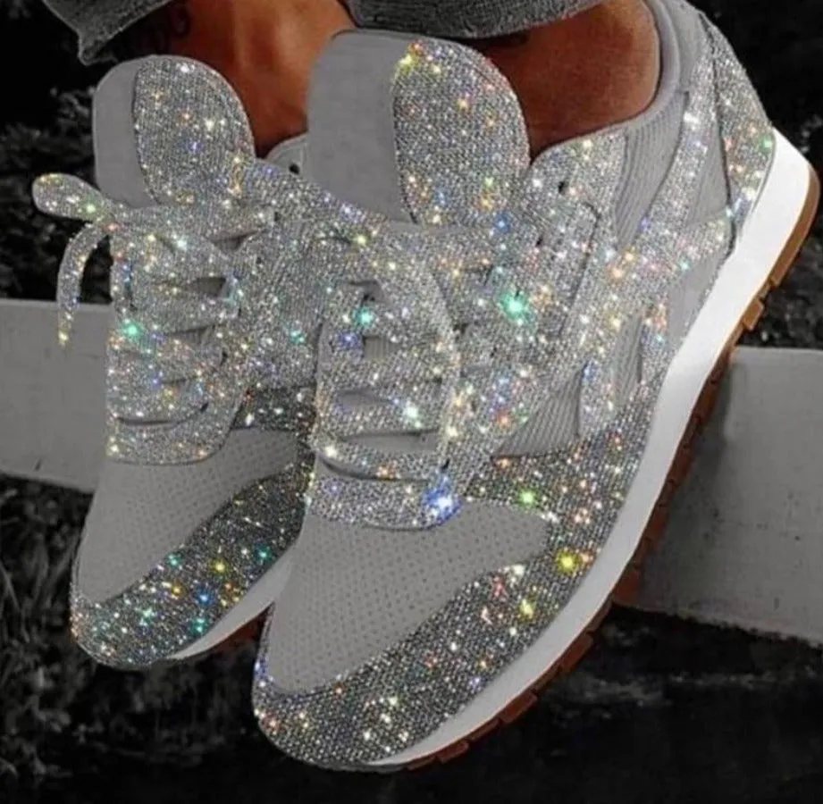 Glitter Mesh Lace Up Platform Comfort Vulcanized Sneakers