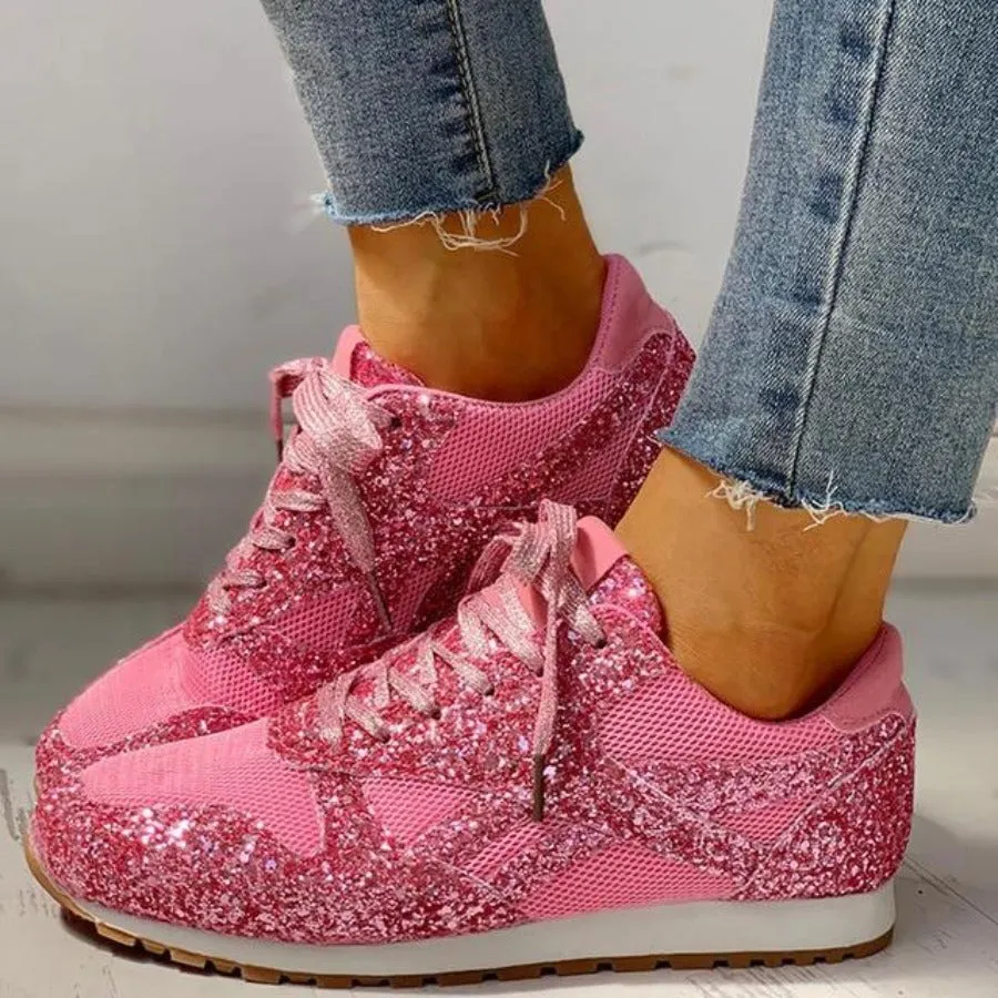 Glitter Mesh Lace Up Platform Comfort Vulcanized Sneakers