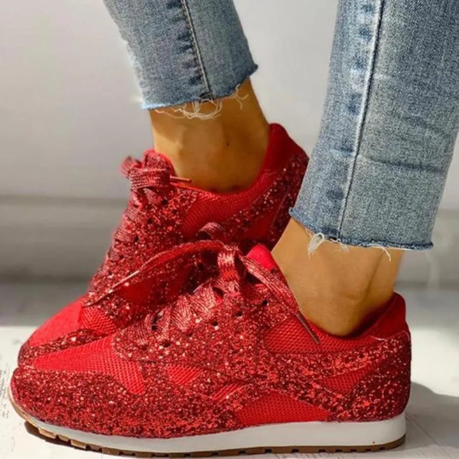Glitter Mesh Lace Up Platform Comfort Vulcanized Sneakers