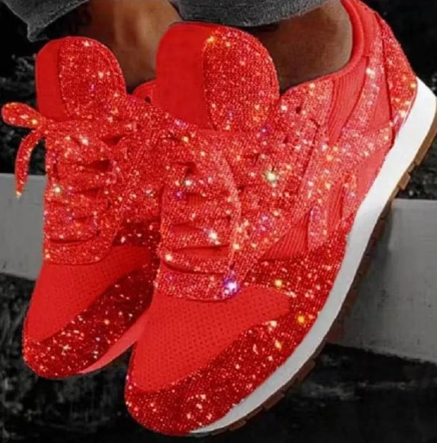 Glitter Mesh Lace Up Platform Comfort Vulcanized Sneakers