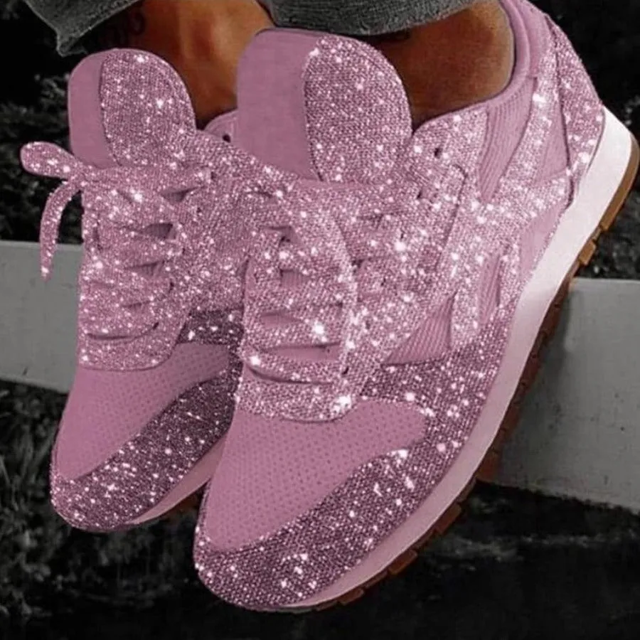 Glitter Mesh Lace Up Platform Comfort Vulcanized Sneakers