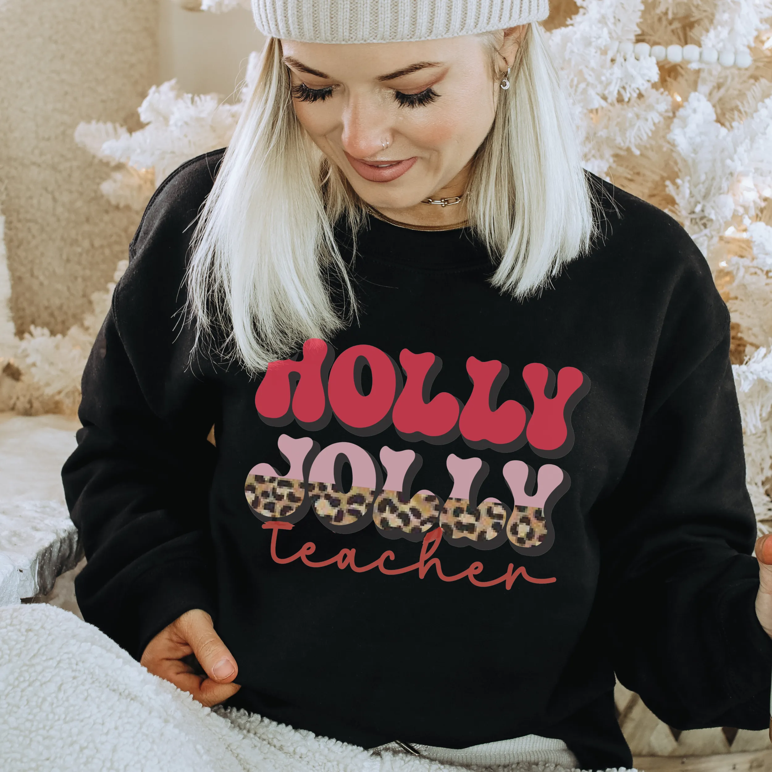 Holly Jolly Teacher Christmas Crewneck Sweatshirt Women's Unisex-Sized Retro Leopard Print Christmas Design Warm Cozy Gildan Pullover