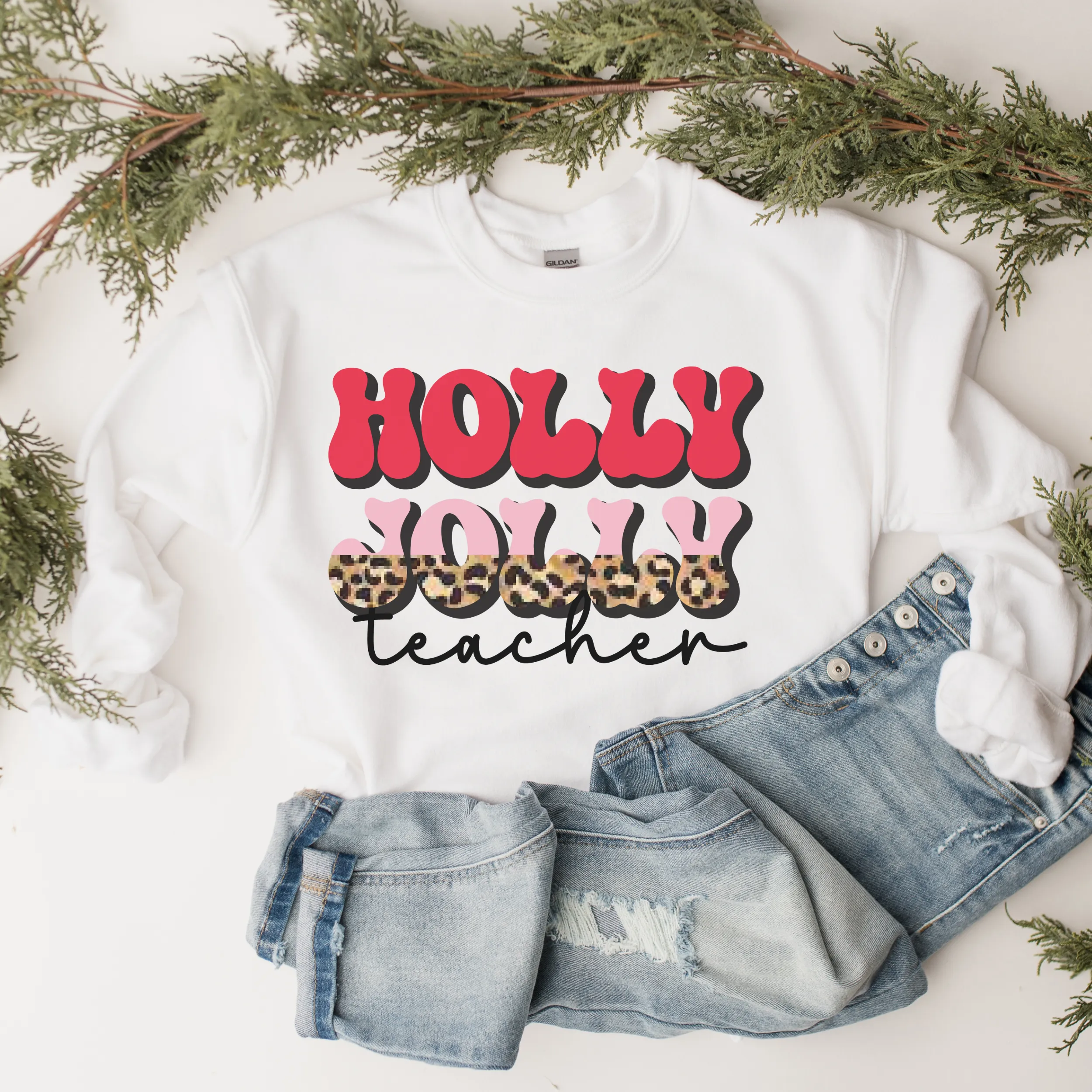 Holly Jolly Teacher Christmas Crewneck Sweatshirt Women's Unisex-Sized Retro Leopard Print Christmas Design Warm Cozy Gildan Pullover