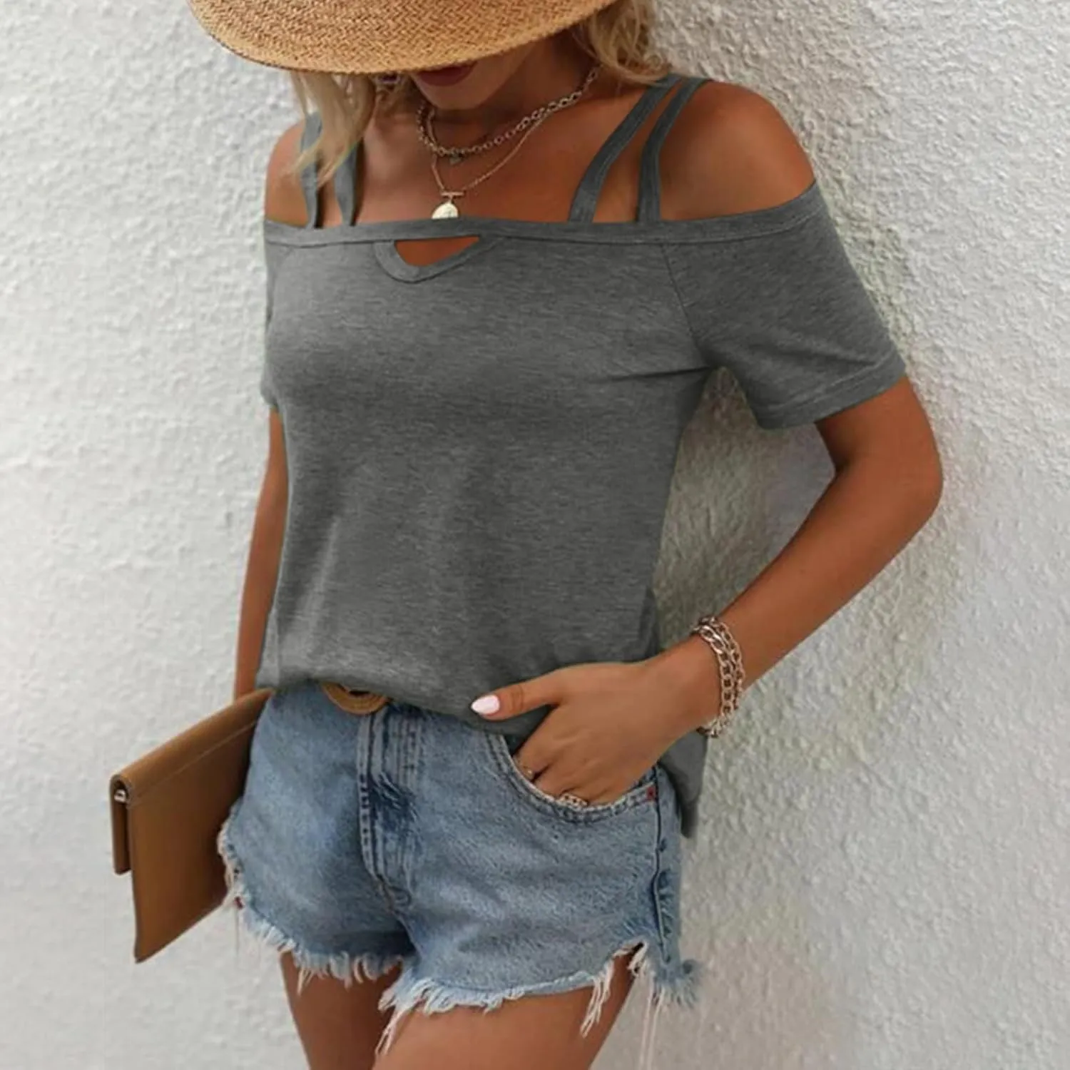 Hoodies for Women,Solid Color Short Sleeve Double Suspenders One Neck Top Casual Off Shoulder T Shirt Women Shirts