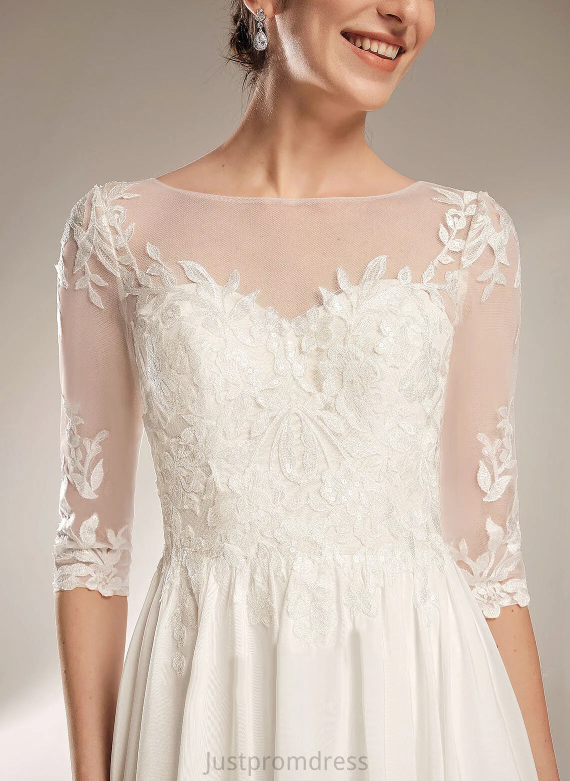 Illusion With Tia Wedding Dresses A-Line Train Wedding Chiffon Sequins Sweep Dress