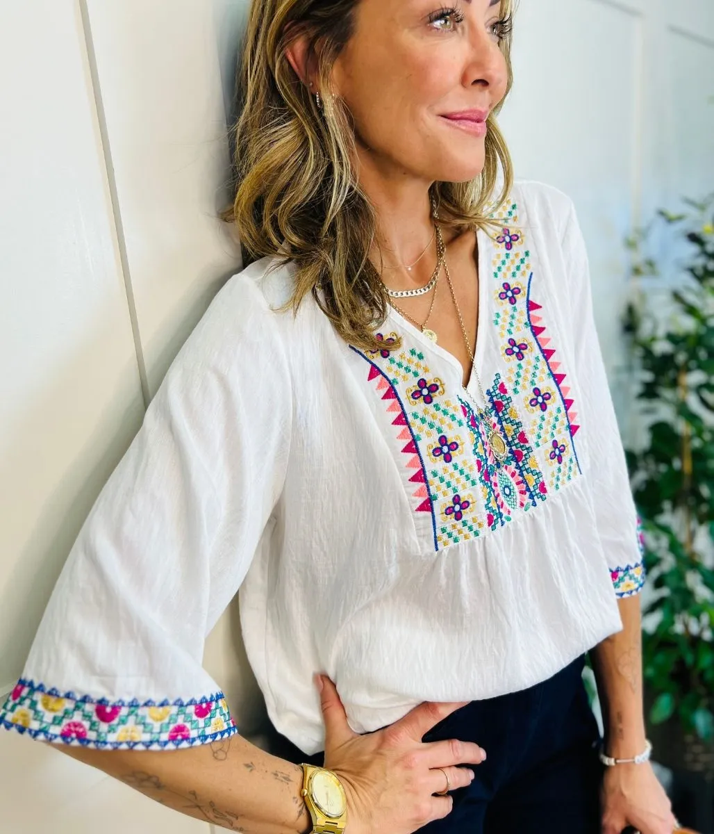 Ivory Embroidered V Neck Top