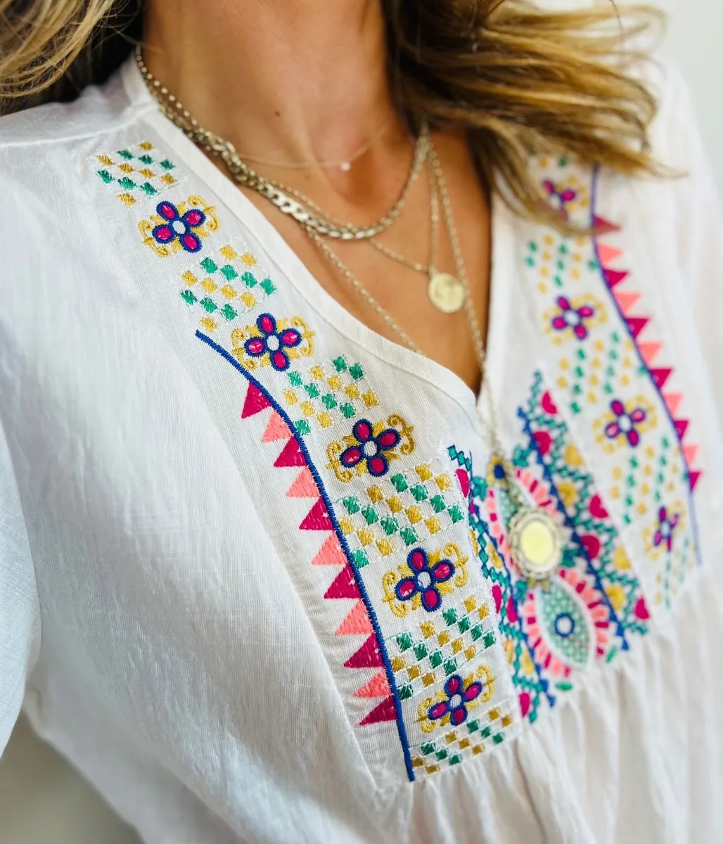 Ivory Embroidered V Neck Top