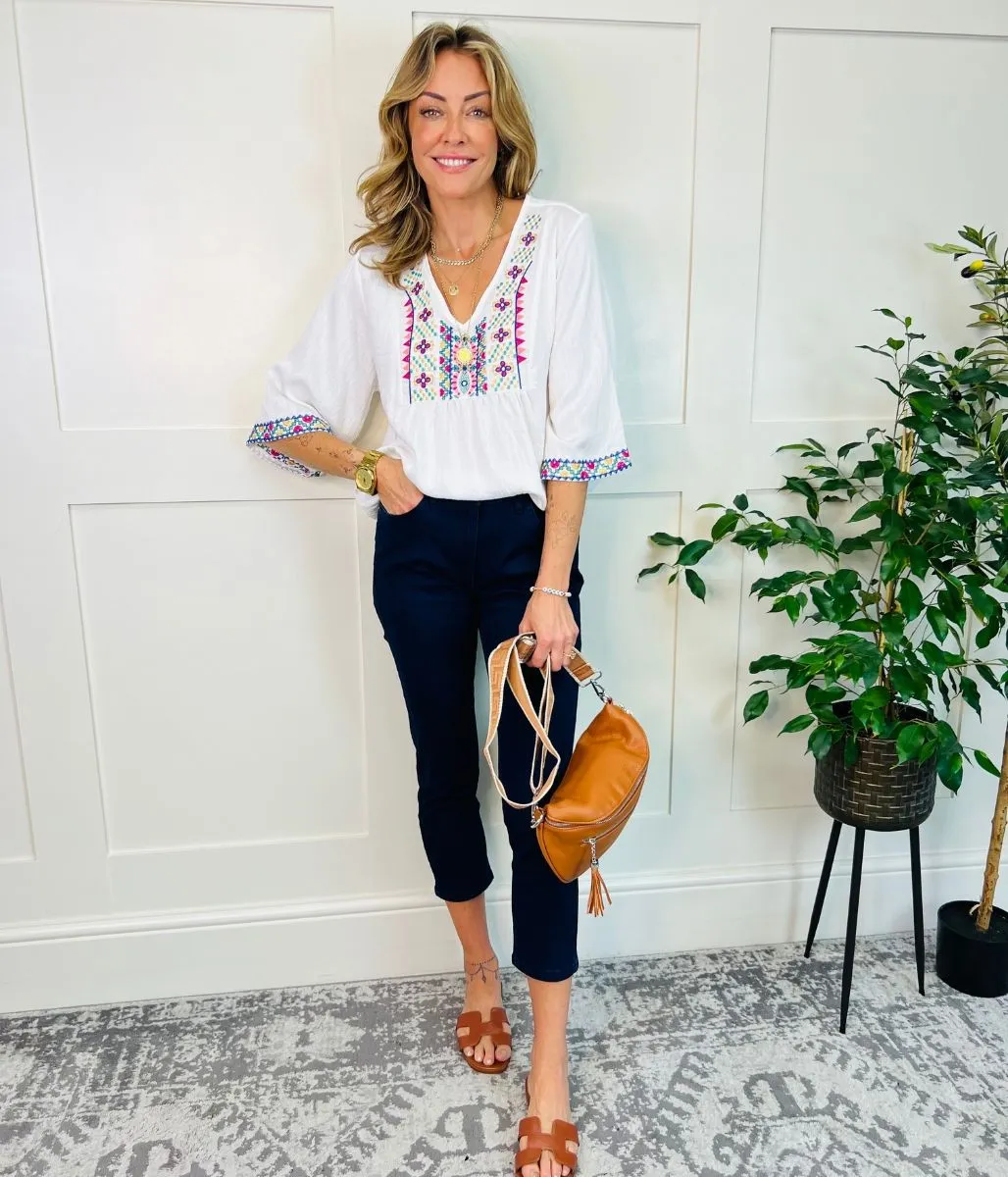 Ivory Embroidered V Neck Top