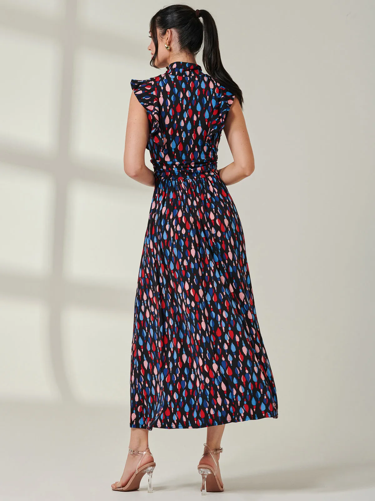 Jolie Moi Doris Frill Shoulder Maxi Dress, Navy Pattern