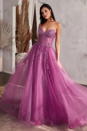 Ladivine CD0230 Size 10 Amethyst Beaded Sheer Corset A Line Maxi Slit Prom Dress Shimmer Ballgown Formal