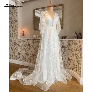 Lakshmigown A Line V Neck Lace Wedding Dress Cap Sleeves 2023 Sexy Bridal Gown Beach Lace Wedding Gowns Custom Made