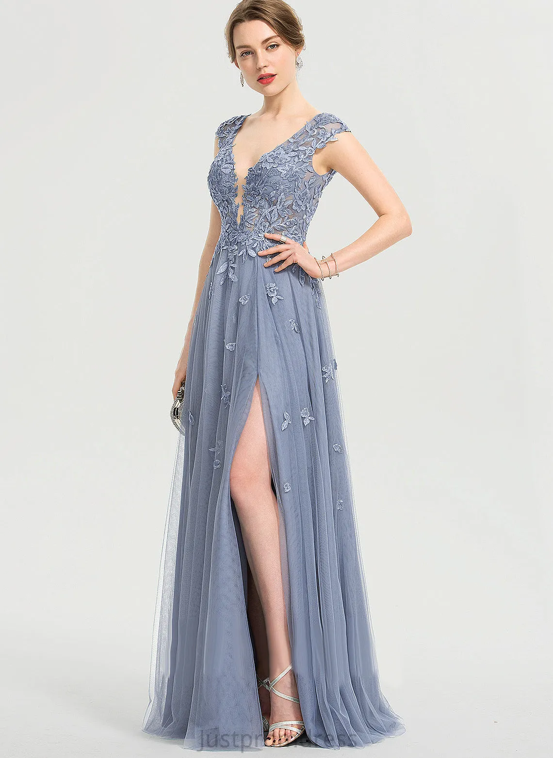 Libby Sequins A-Line Prom Dresses Tulle With V-neck Lace Floor-Length