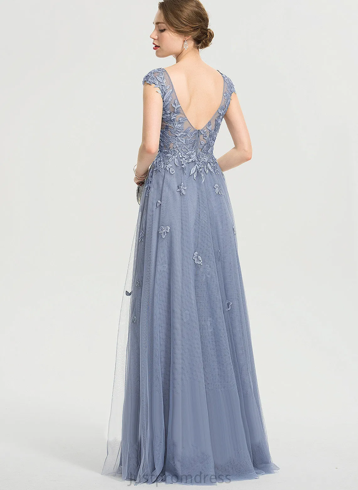 Libby Sequins A-Line Prom Dresses Tulle With V-neck Lace Floor-Length