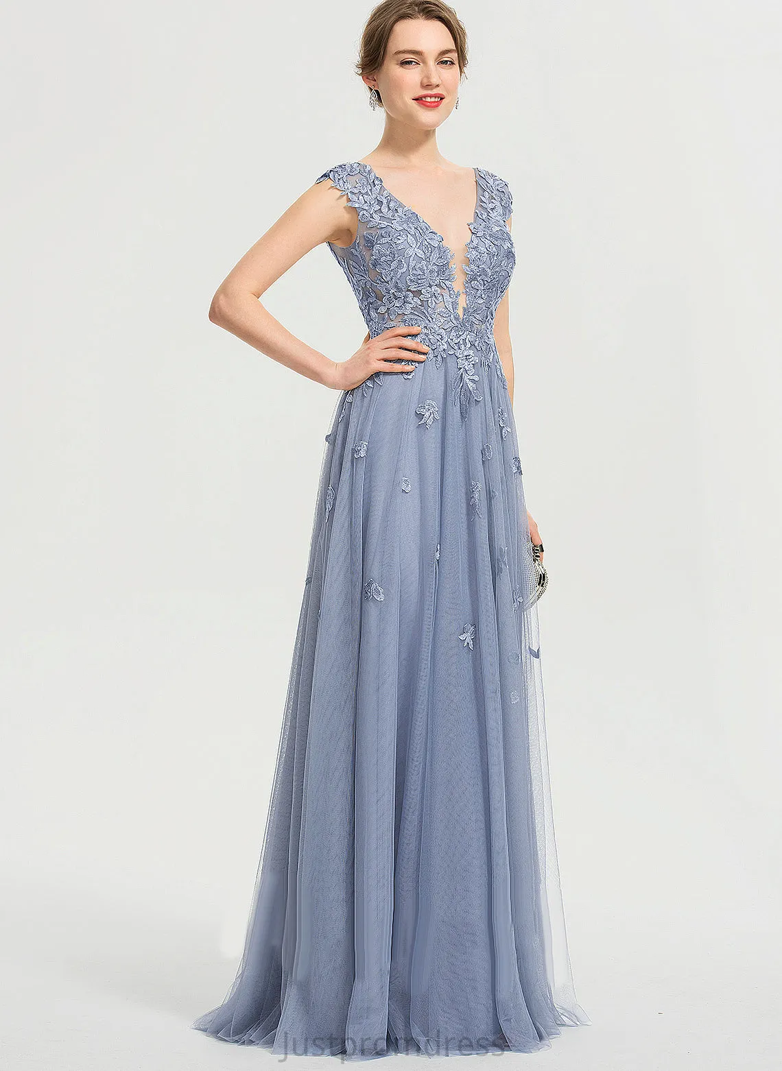 Libby Sequins A-Line Prom Dresses Tulle With V-neck Lace Floor-Length