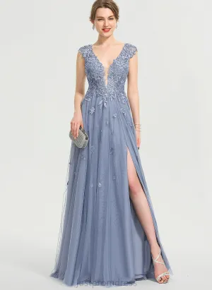 Libby Sequins A-Line Prom Dresses Tulle With V-neck Lace Floor-Length