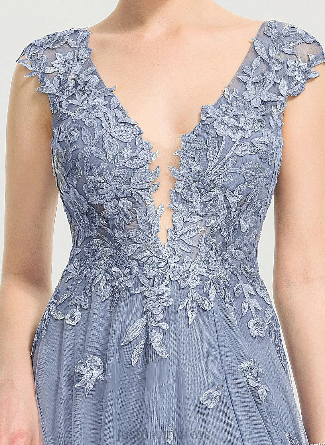 Libby Sequins A-Line Prom Dresses Tulle With V-neck Lace Floor-Length