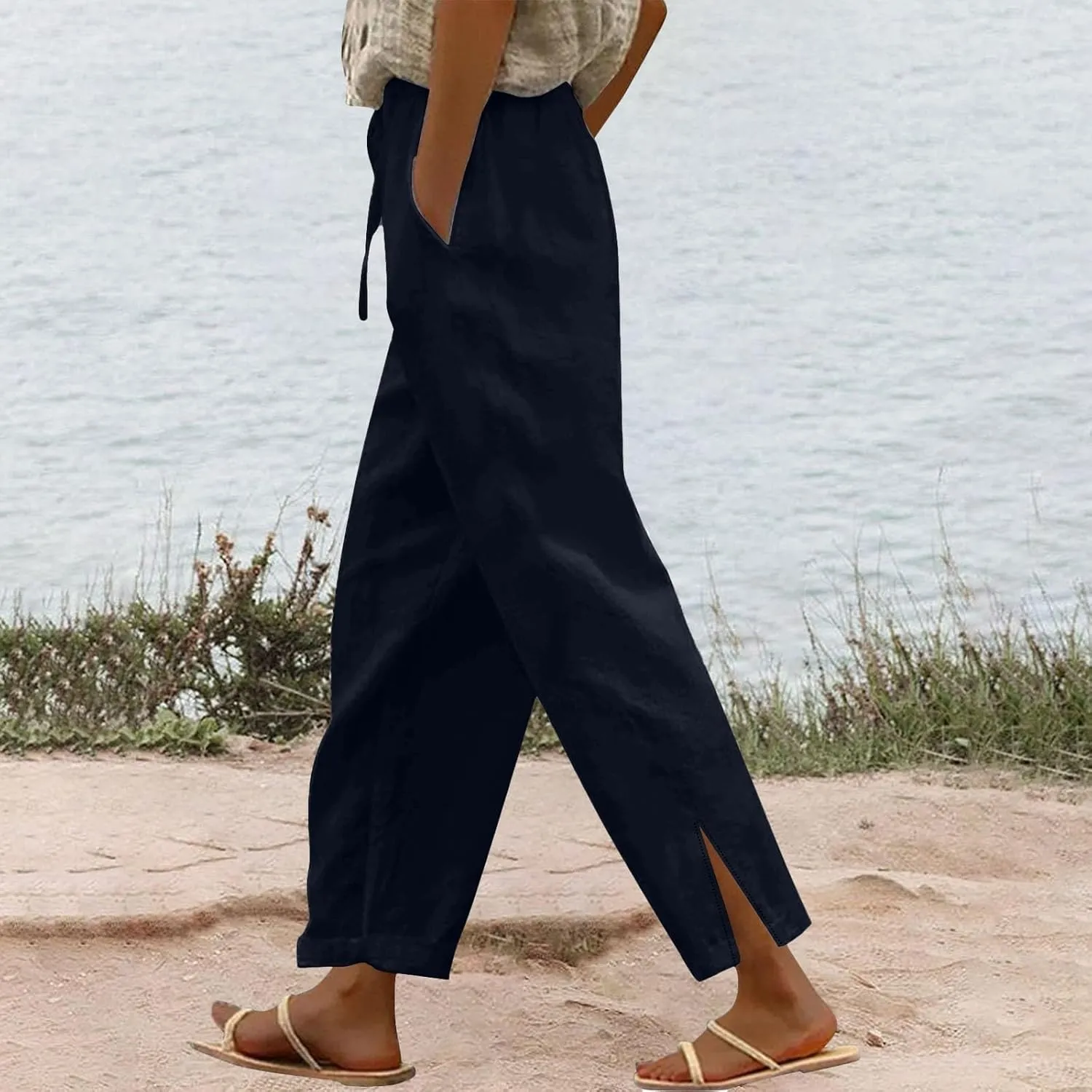 Linen Pants Women with Pockets Loose Elastic High Waisted Comfy Beach Trousers Summer Lightweight Casual Pants