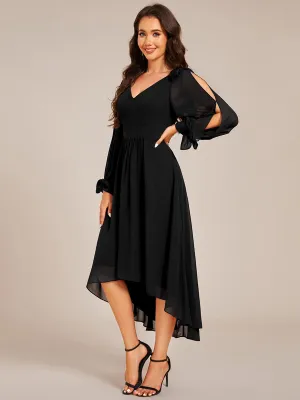 Long Sleeve V-Neck Midi Asymmetrical Hem Chiffon Dress in Black