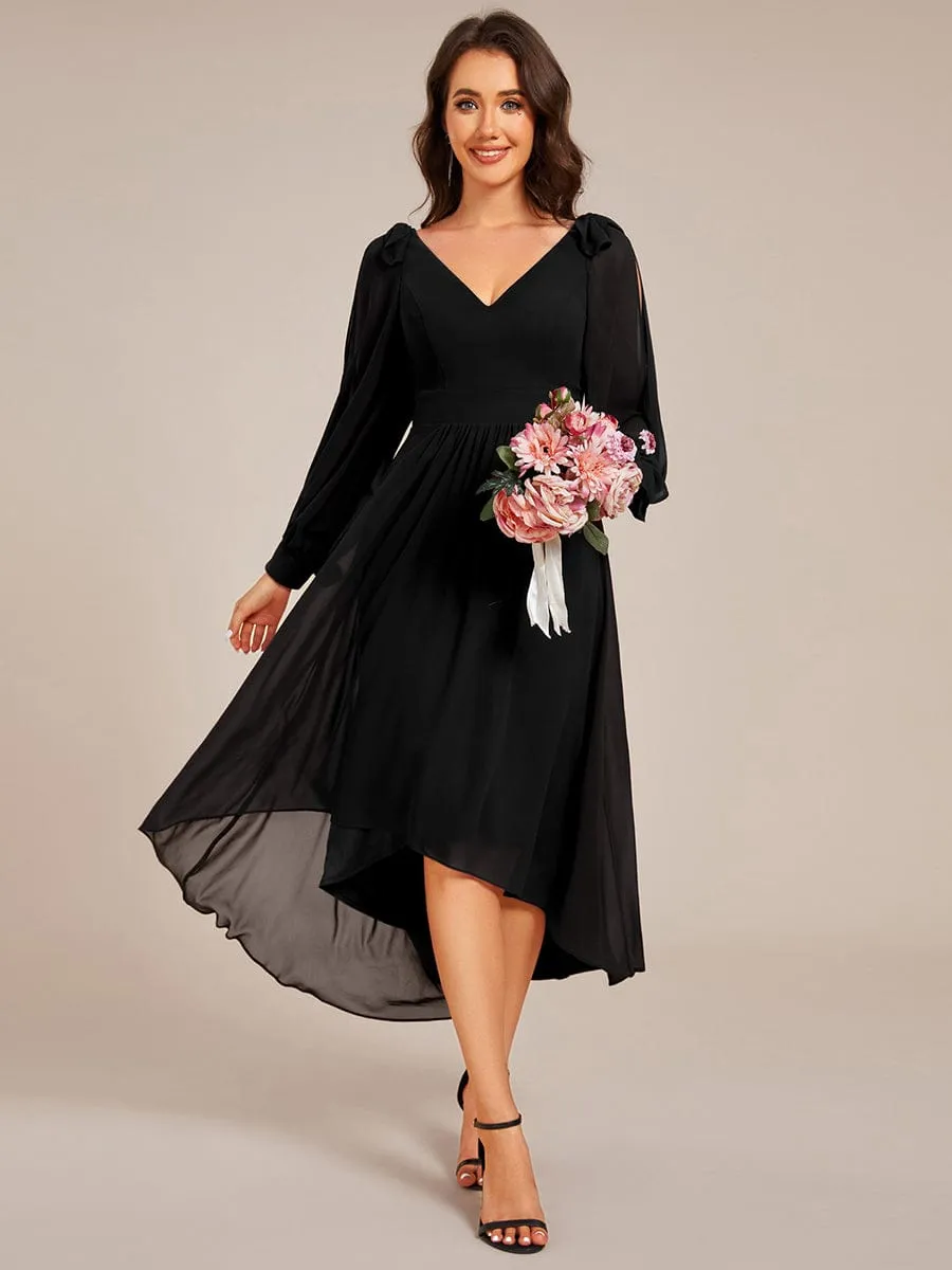 Long Sleeve V-Neck Midi Asymmetrical Hem Chiffon Dress in Black