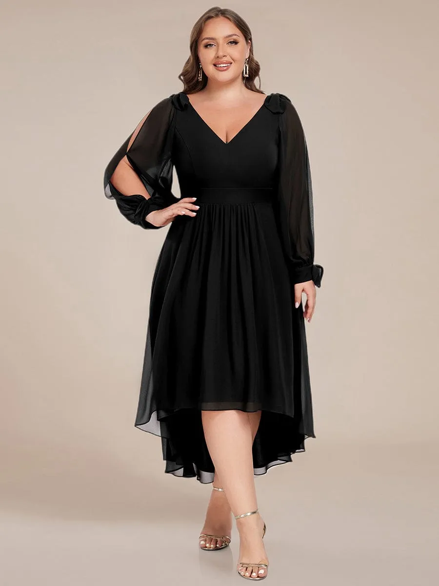Long Sleeve V-Neck Midi Asymmetrical Hem Chiffon Dress in Black