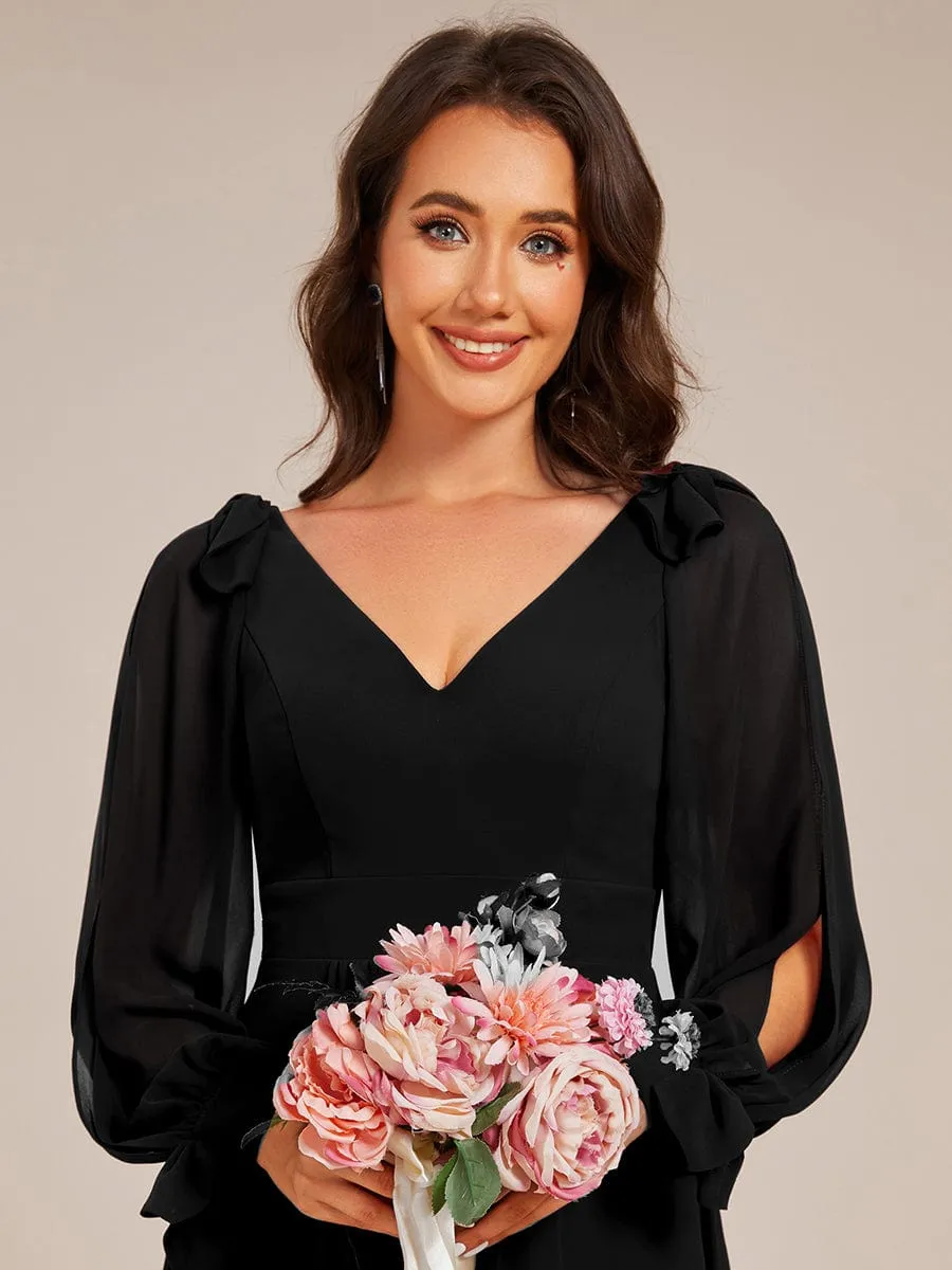 Long Sleeve V-Neck Midi Asymmetrical Hem Chiffon Dress in Black