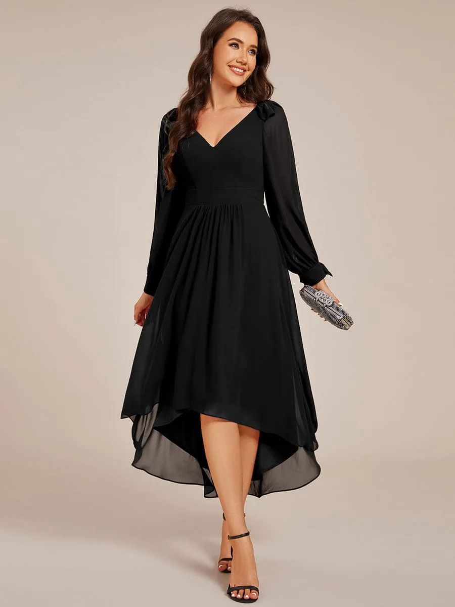 Long Sleeve V-Neck Midi Asymmetrical Hem Chiffon Dress in Black