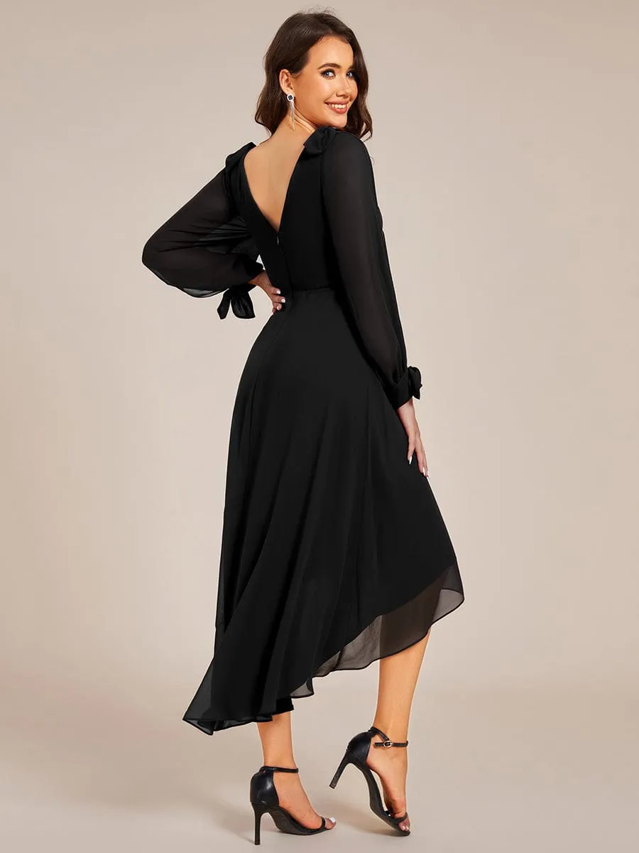 Long Sleeve V-Neck Midi Asymmetrical Hem Chiffon Dress in Black